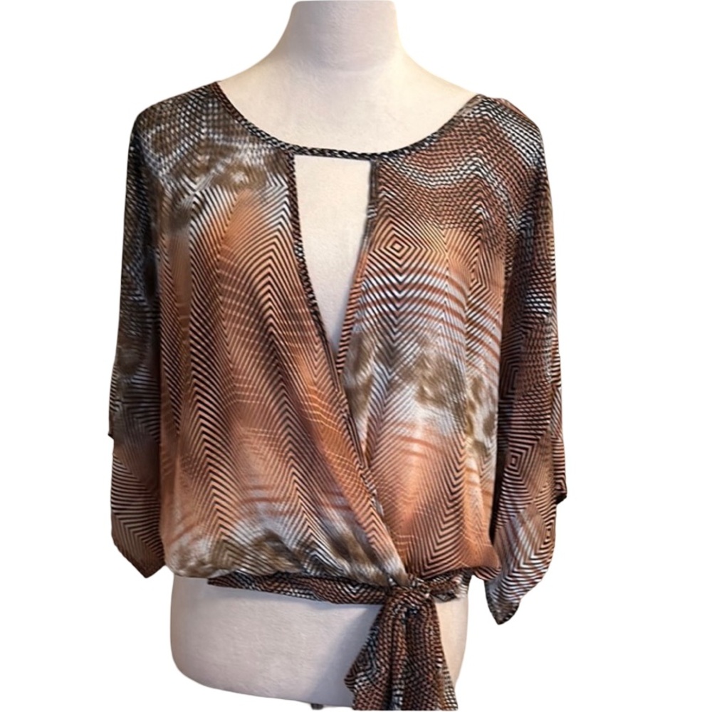 Tyche Brown and Black Asymmetrical Flutter Sleeve Blouse